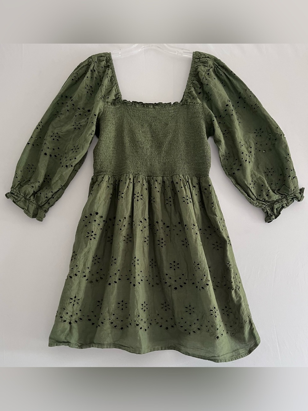 Rebellion Again Green Smocked Eyelet Lace Puff Sleeve Dress